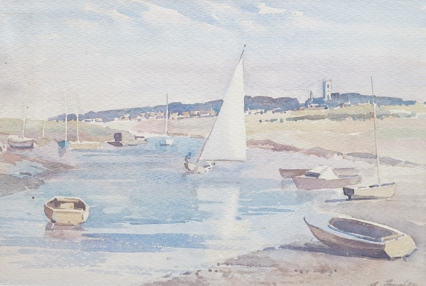 Albert Houghton (1906-1997) Wapping Group, watercolour, Riverscape with sailing boats, signed, 24 x 35cm. Condition- fair